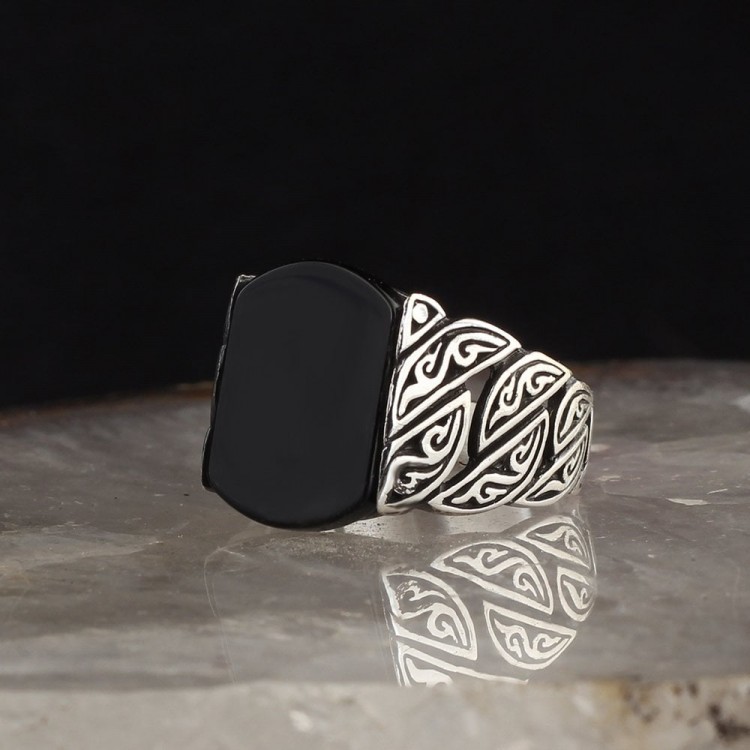 Onyx Stone Hand Engraved  925 Sterling Silver Men's Ring