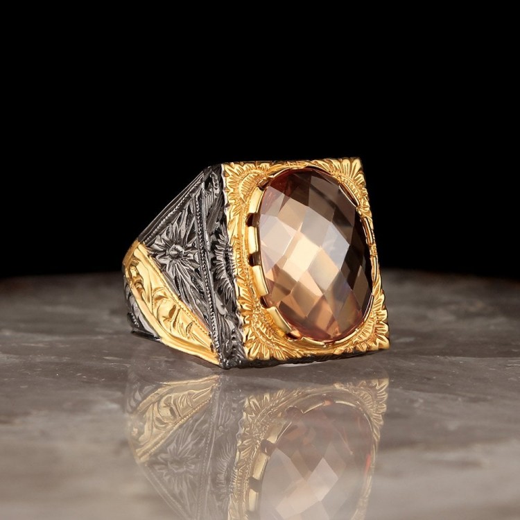 Hand Engraved , Rhodium Plated, Handcrafted, Citrine Stone, 925 Sterling Silver Men's Ring