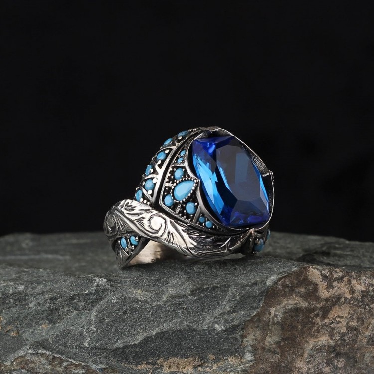 925 Sterling Silver Men's Ring with Blue Topaz Stone 925 Sterling Silver Men's Ring with Blue Topaz Stone