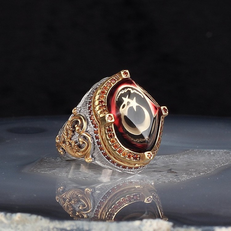 Rhodium Plated Silver Men's Ring with Crescent and Star Amber Stone Rhodium Plated Silver Men's Ring with Crescent and Star Amber Stone