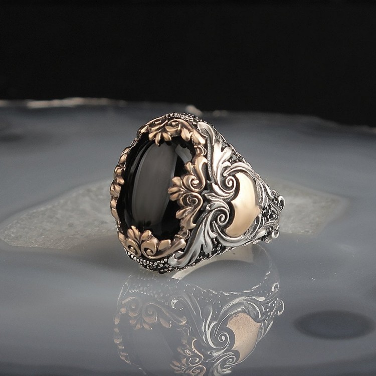 Onyx Stone Hand Engraved  925 Sterling Silver Ring