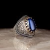 925 Sterling Silver Men's Ring with Hand Engraved  and Blue Zircon Stone
