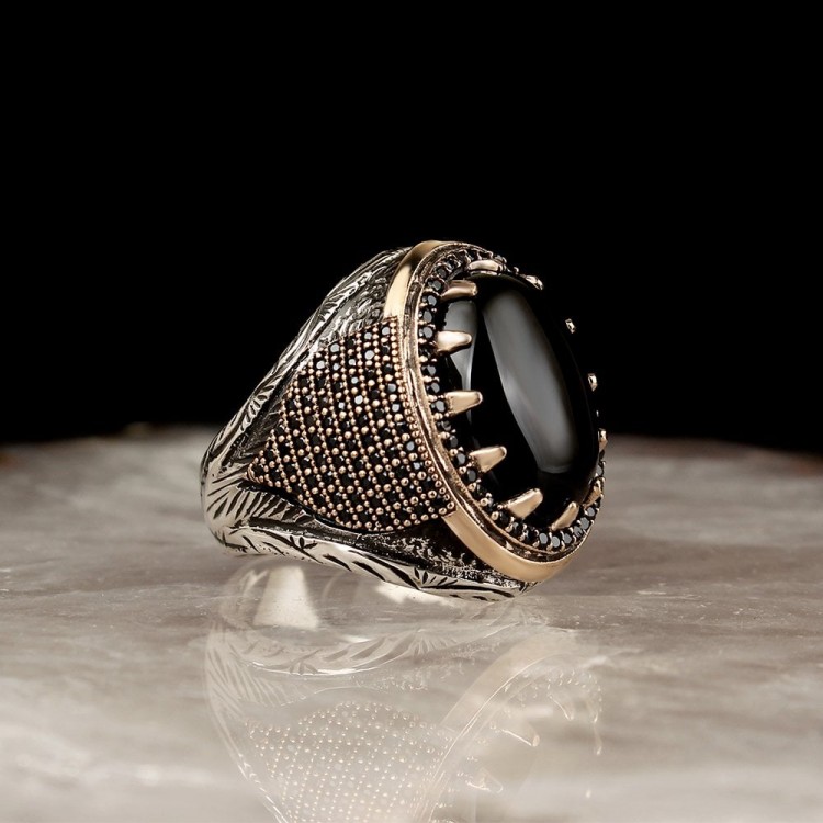 Onyx Stone Pen Engraving 925 Sterling Silver Ring