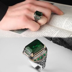 Yeşil Zirkon Taşlı 925 Ayar Erkek Gümüş Yüzük