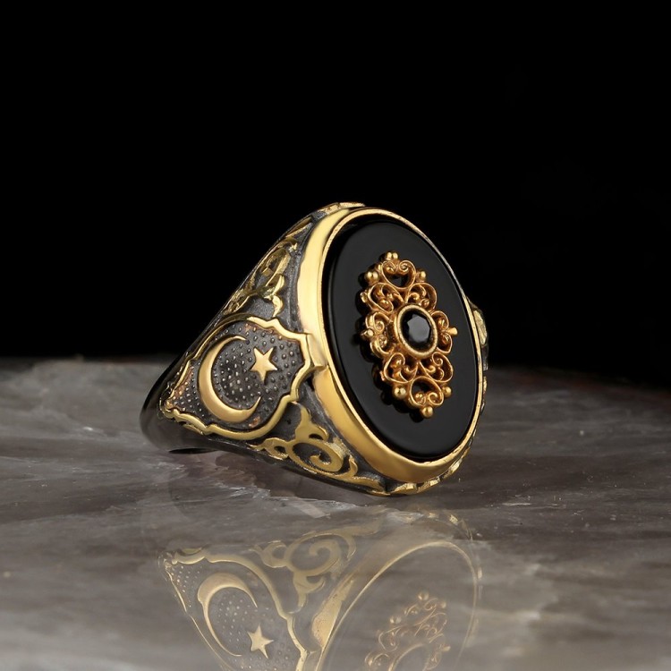 Rhodium Plated 925 Sterling Silver Men's Ring with Crescent and Star Model Onyx Stone