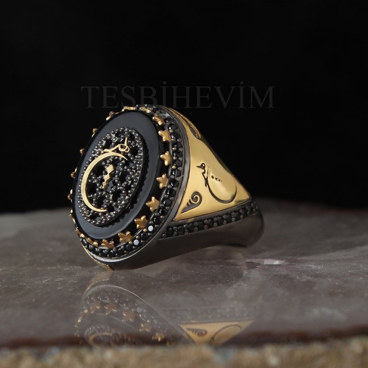 Rhodium Plated Silver Ring with Onyx Stone and Nothing Written