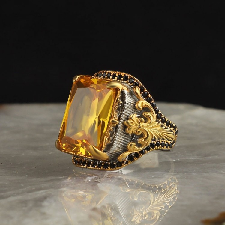 Rhodium Plated 925 Sterling Silver Men's Ring with Citrine Stone