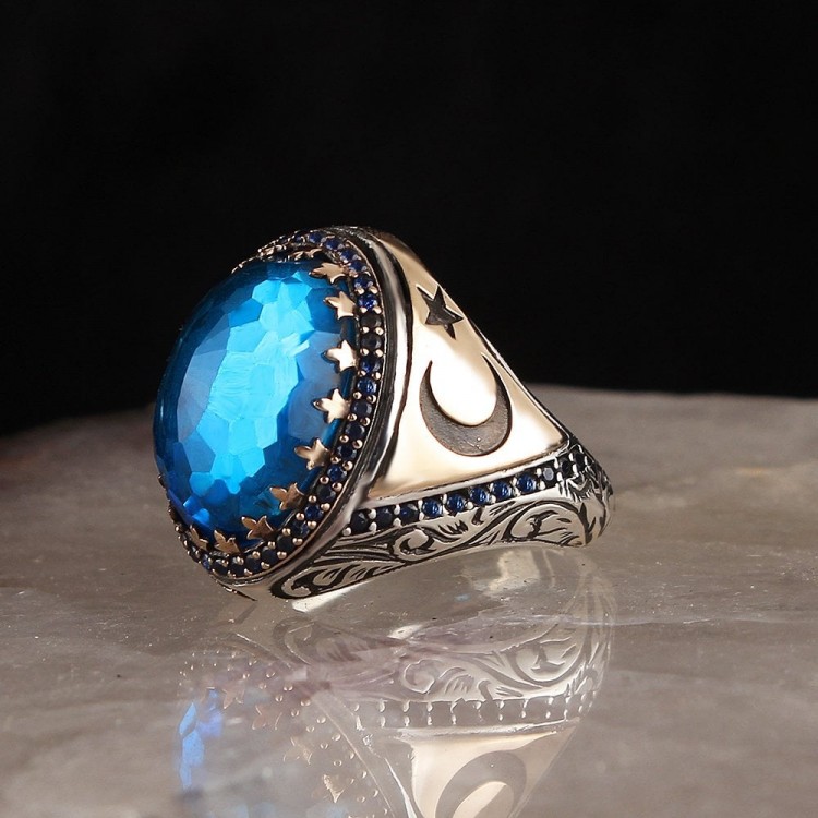925 Sterling Silver Men's Ring with Star and Crescent Aqua Blue Stone