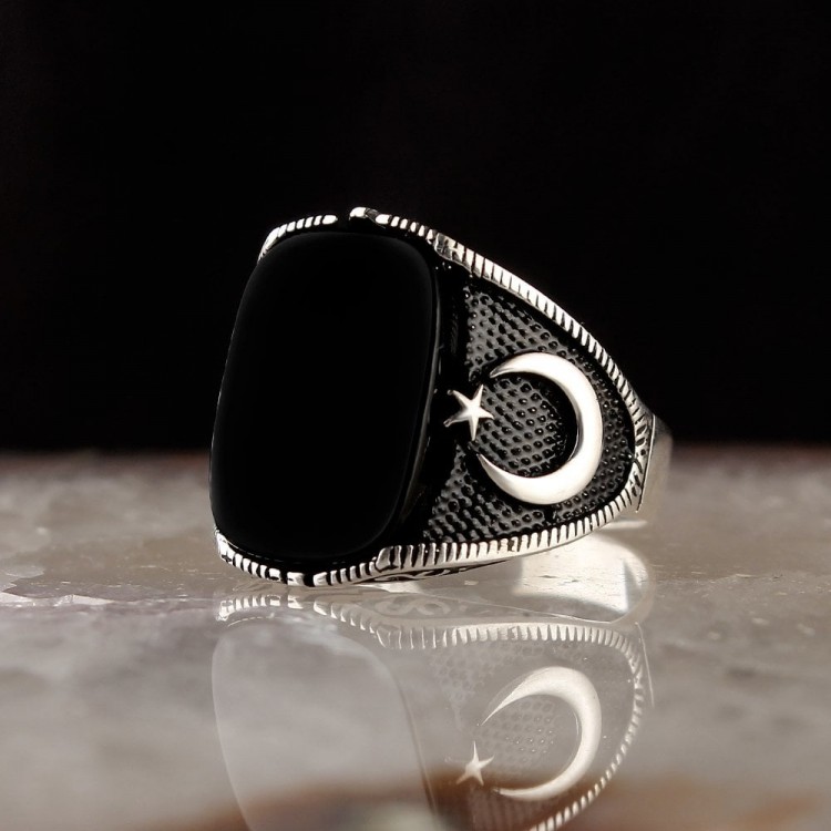 925 Sterling Silver Ring with Onyx Stone and Star and Crescent