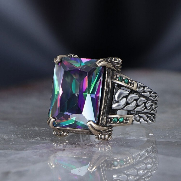 Zincir Serisi 925 Ayar Mistik Topaz Erkek Gümüş Yüzük