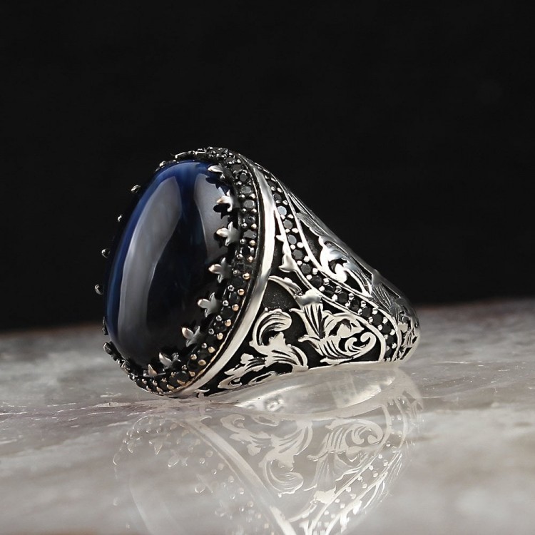 Mavi Kaplangözü Taşlı Desenli 925 Ayar Gümüş Erkek Yüzük