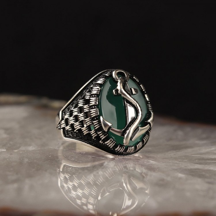 Agate Stone Anchor Model 925 Sterling Silver Men's Ring