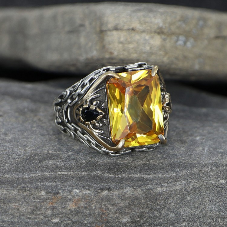 Chain Series Citrine Stone 925 Sterling Silver Men's Ring