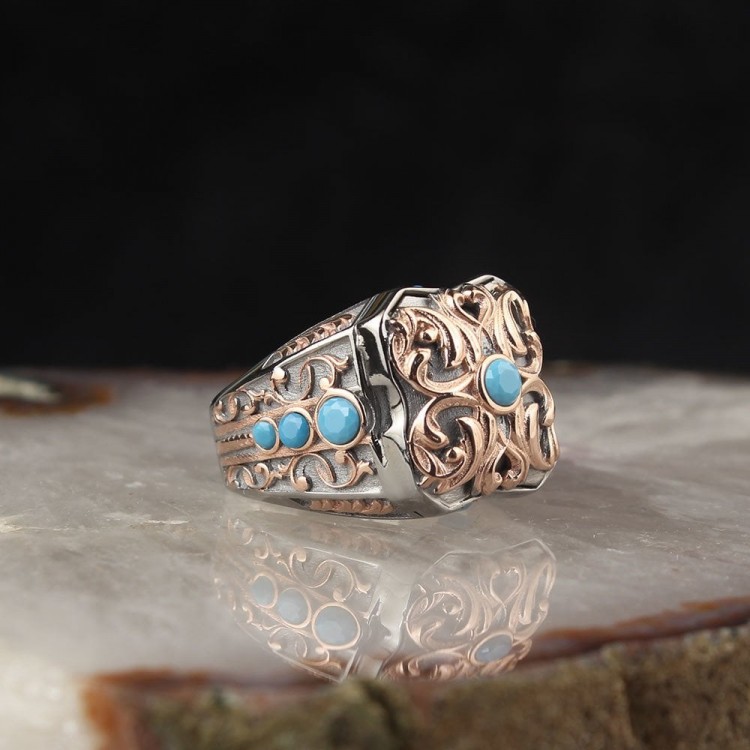 Rölyef Desenli Zirkon Taşlı 925 Ayar Gümüş Erkek Yüzük