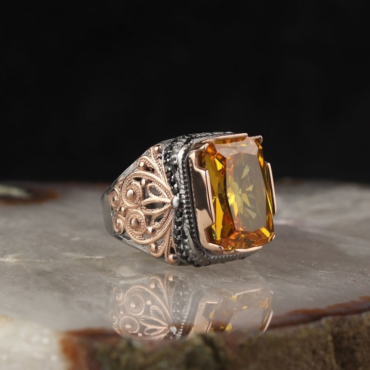 925 Sterling Silver Men's Ring with Rhodium Plated Citrine Stone