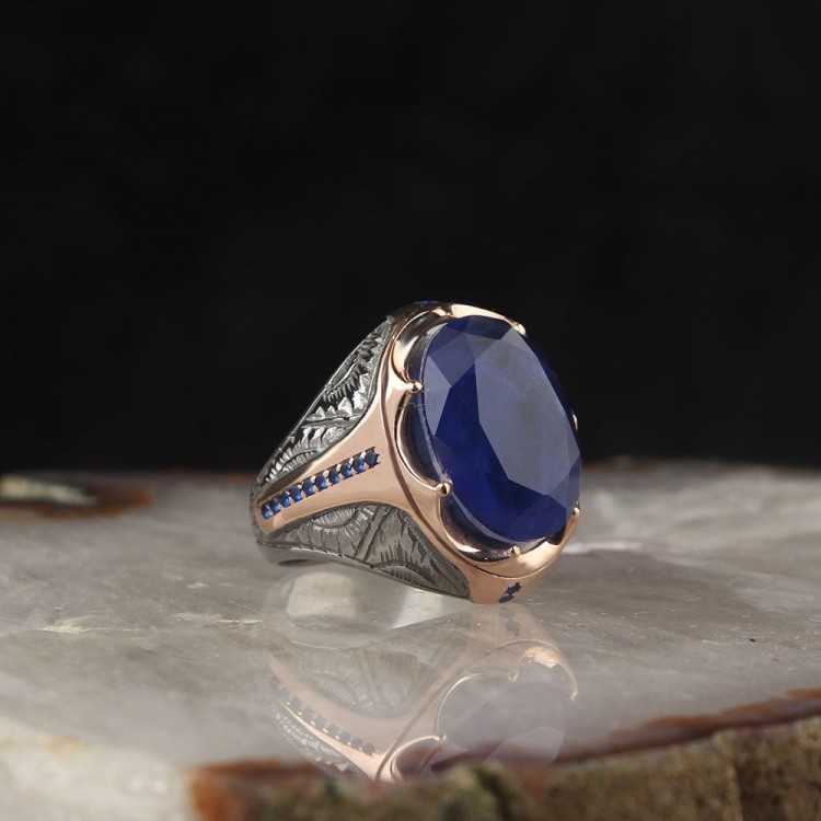 925 Sterling Silver Men's Ring with Rhodium Plated Aquamarine Stone