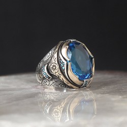 Blue Topaz Taşlı 925 Ayar Gümüş Erkek Yüzük