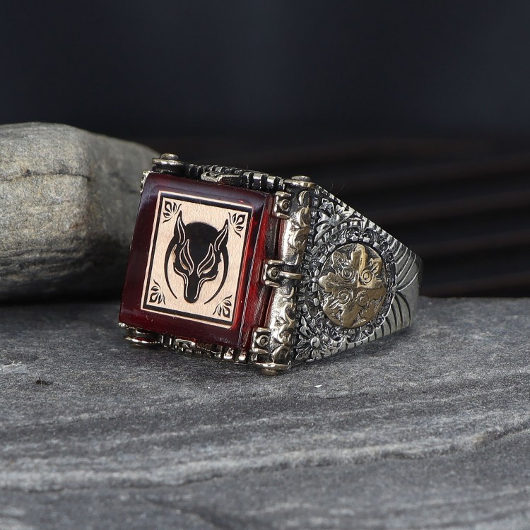Wolf Symbol Amber Stone 925 Sterling Silver Men's Ring