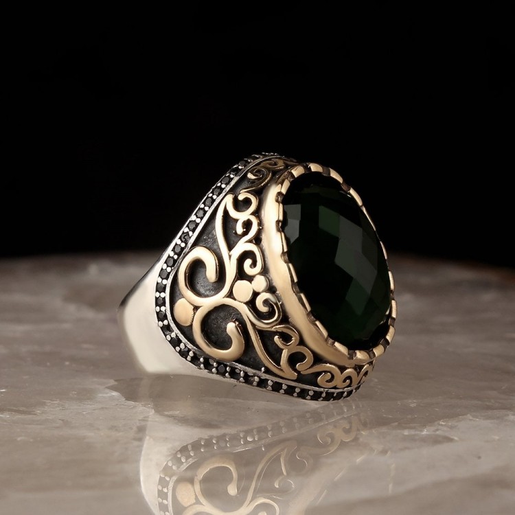 Yeşil Zirkon Taşlı 925 Ayar Gümüş Erkek Yüzük