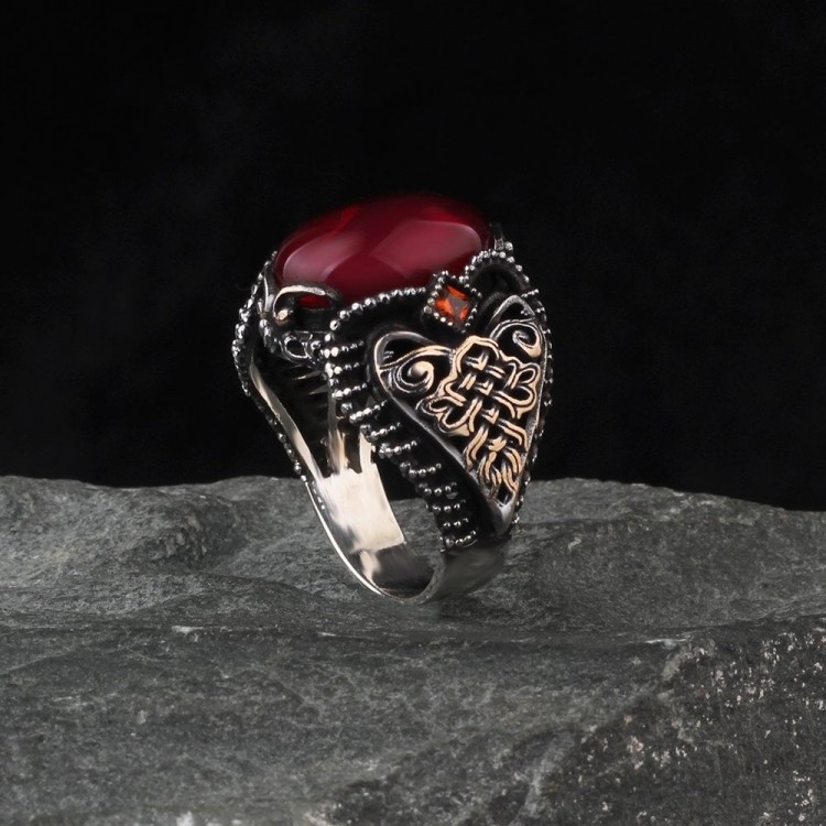 Zircon Stone Hand Engraved  925 Sterling Silver Men's Ring
