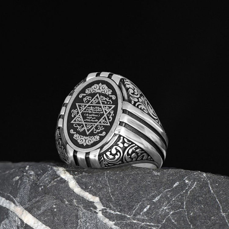 Hand Engraved  Silver Ring with the Seal of Solomon Written