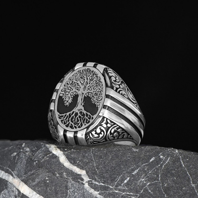 Hand Engraved  Silver Ring with Tree of Life Symbol