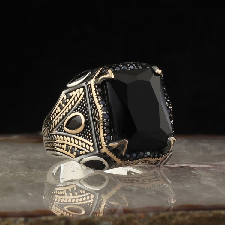Zircon Stone Hand Engraved  925 Sterling Silver Men's Ring