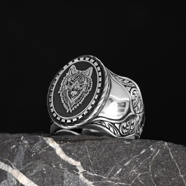Hand Engraved  Silver Ring with Wolf Symbol