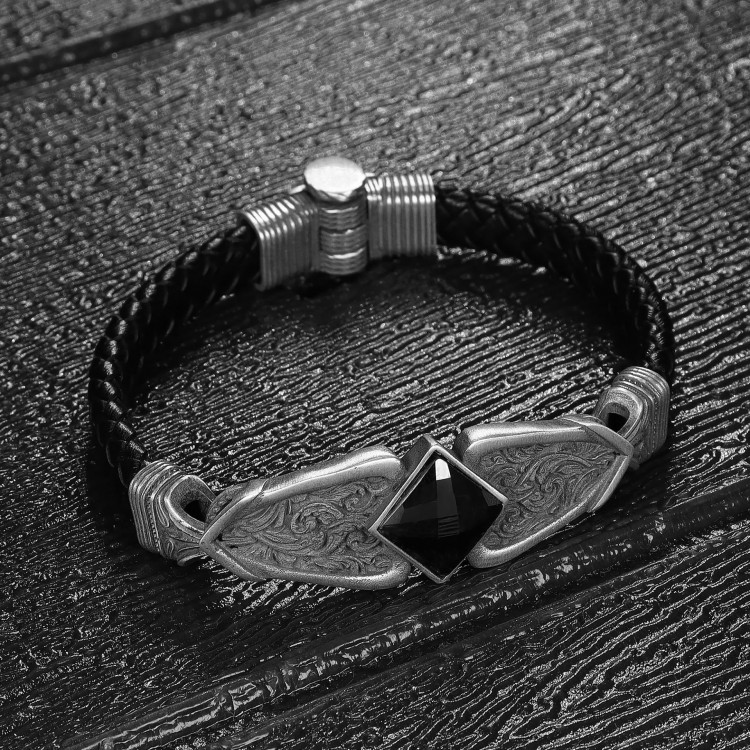 Hand Engraved Model 925 Sterling Silver Leather Bracelet for Men