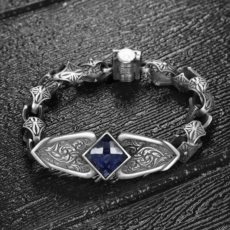 Hand Engraved Stone Model 925 Sterling Silver Men's Bracelet