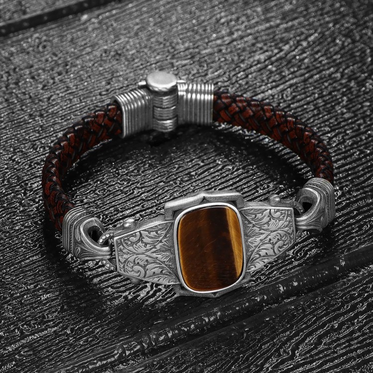 Hand Engraved Tiger's Eye Stone Model 925 Sterling Silver Men's Leather Bracelet