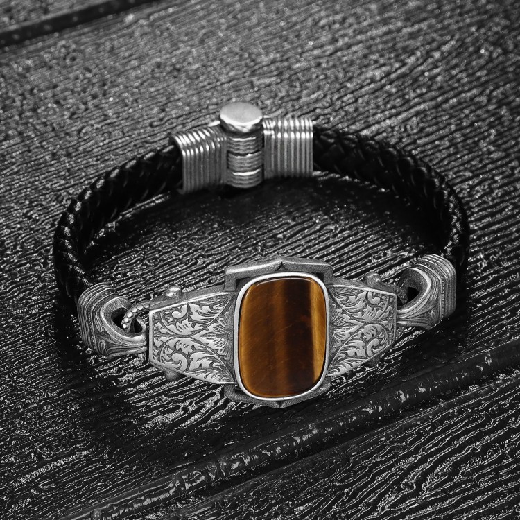 Hand Engraved Tiger's Eye Stone Model 925 Sterling Silver Men's Leather Bracelet