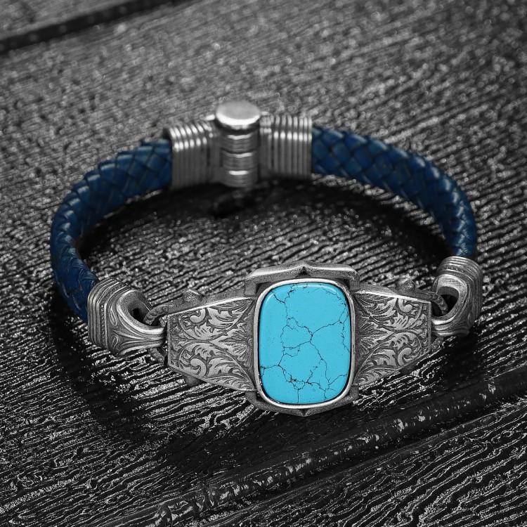 Hand Engraved Turquoise Stone Model 925 Sterling Silver Leather Bracelet for Men