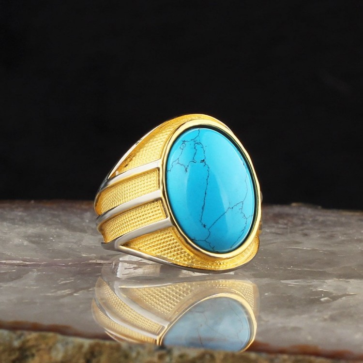 Turquoise Stone Rhodium Plated 925 Sterling Silver Men's Ring
