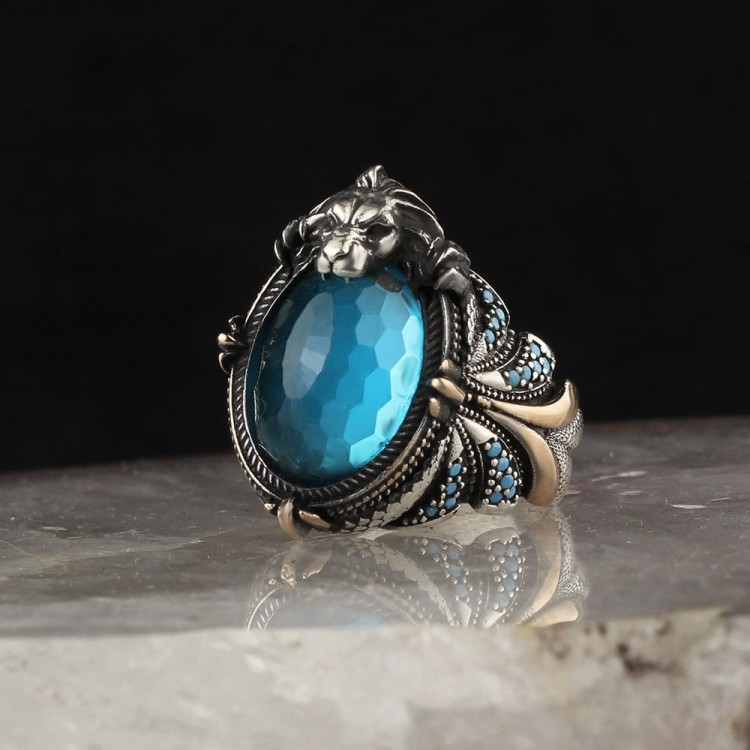 925 Sterling Silver Men's Ring with Blue Topaz Stone
