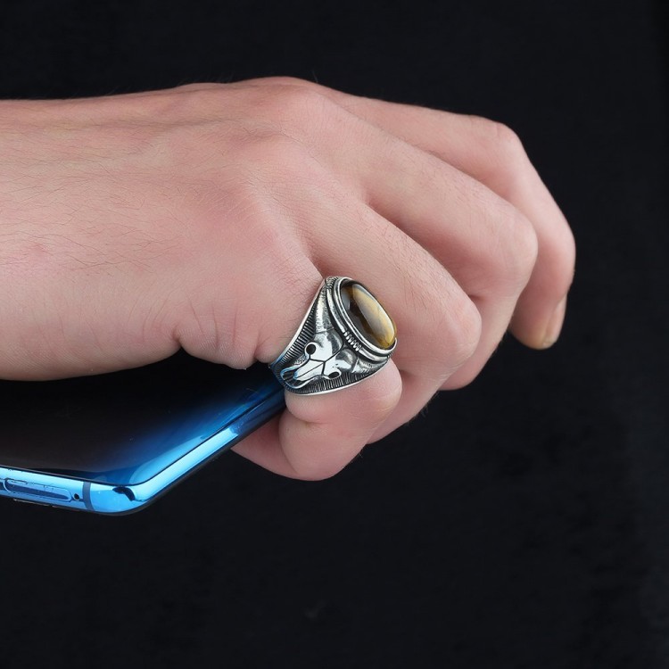 925 Sterling Silver Men's Ring with Tiger Eye Stone