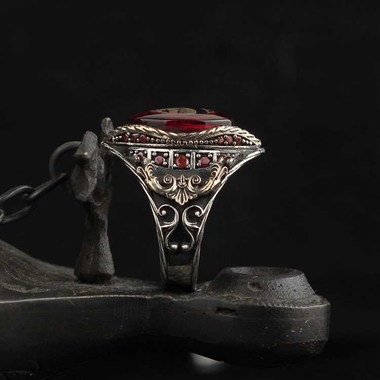 925 Sterling Silver Men's Ring with Amber Stone and Star and Crescent