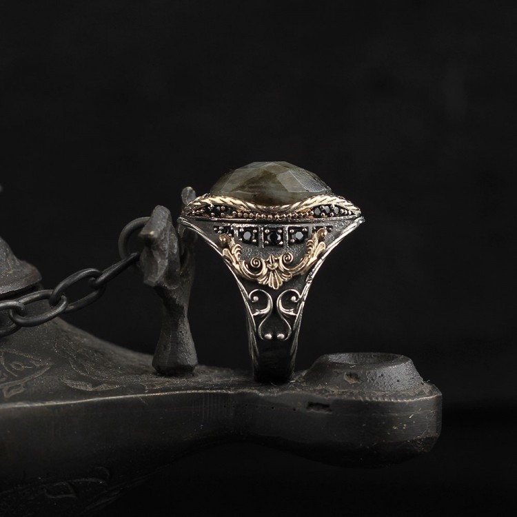 Labradorit Taşlı Ayyıldızlı 925 Ayar Gümüş Erkek Yüzük