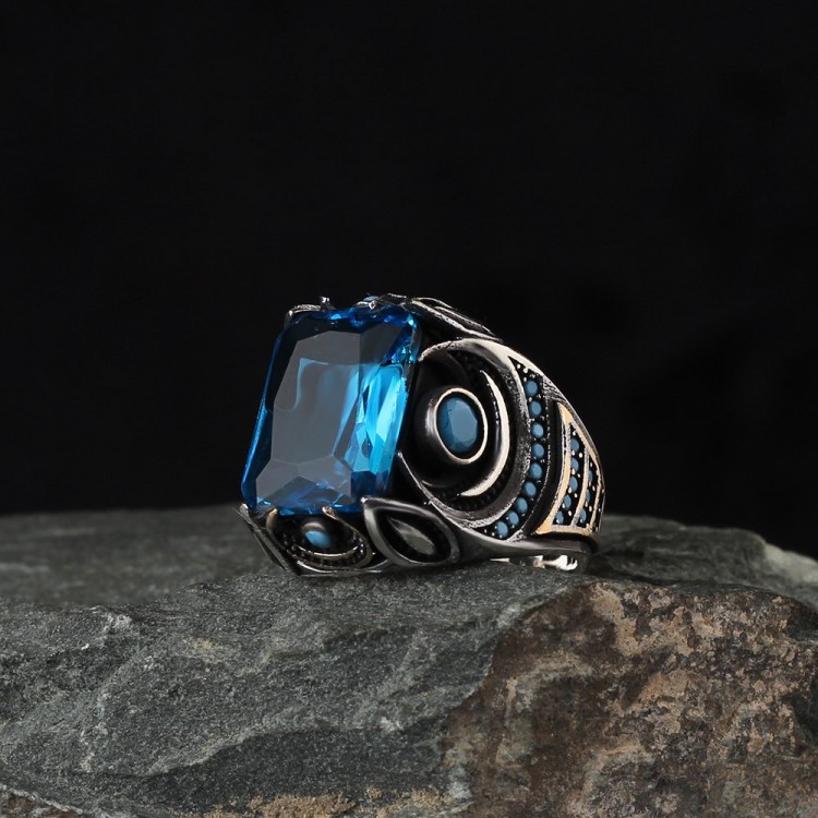 925 Sterling Silver Men's Ring with Aquamarine Stone
