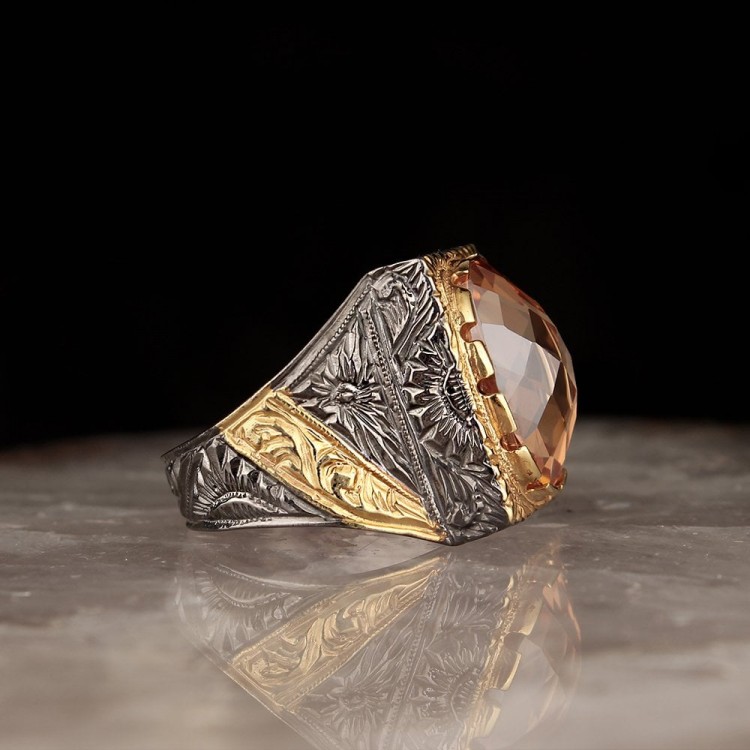 Hand Engraved , Rhodium Plated, Handcrafted, Citrine Stone, 925 Sterling Silver Men's Ring