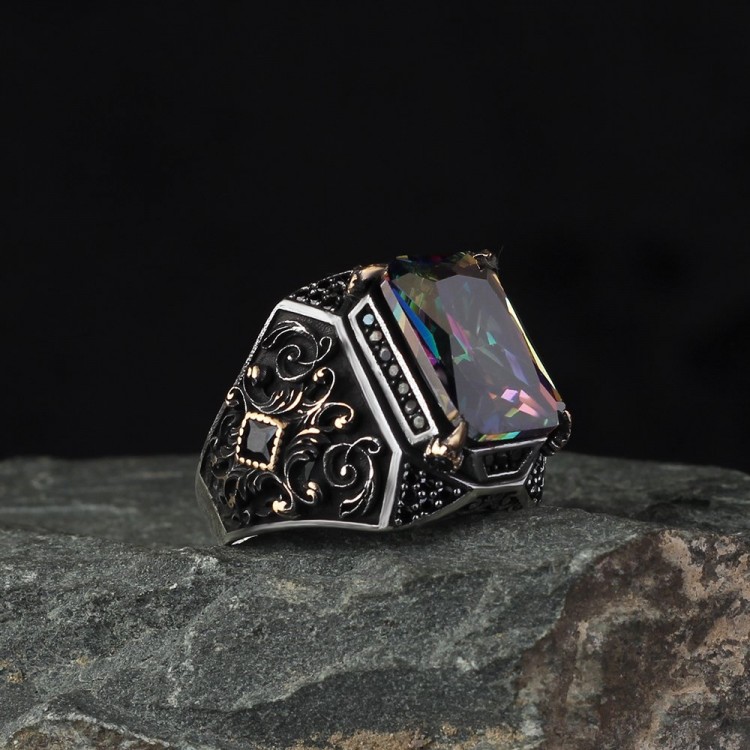 خاتم رجالي من الفضة الإسترلينية عيار 925 مرصع بحجر التوباز الصوفي