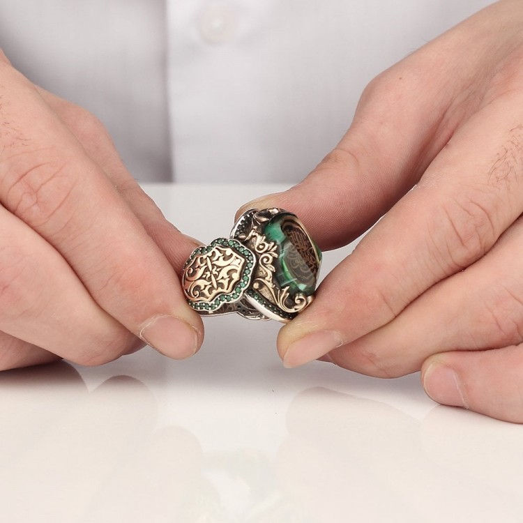 Kefâ Bil-Mevt Vaizan “Nasihatçi olarak ölüm yeter” Yazılı Kehribar Taşlı 925 Ayar Erkek Gümüş Yüzük