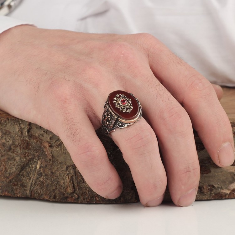 925 Sterling Silver Men's Ring with Agate Stone