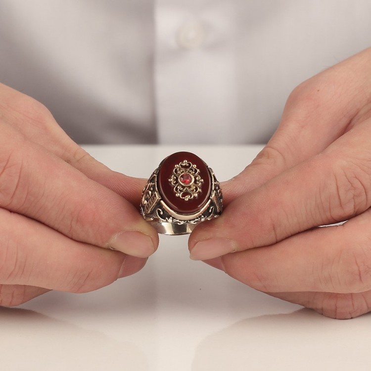 925 Sterling Silver Men's Ring with Agate Stone