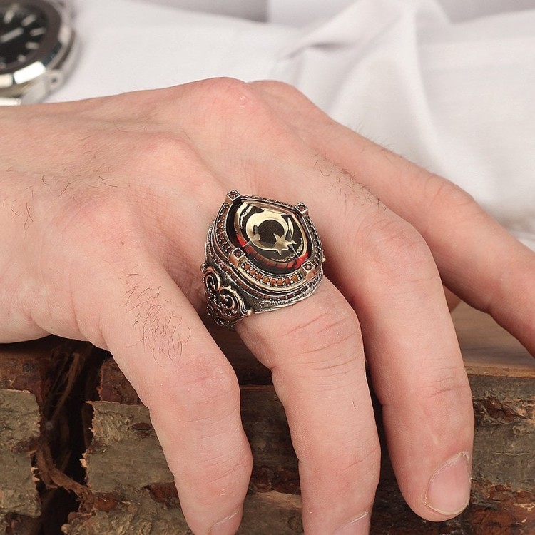 Ayyıldızlı Kehribar Taşlı Gümüş Erkek Yüzük