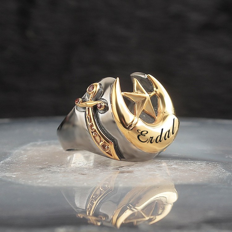 İsim Yazılı Ayyıldızlı Rodaj Kaplamalı 925 Ayar Gümüş Erkek Yüzük