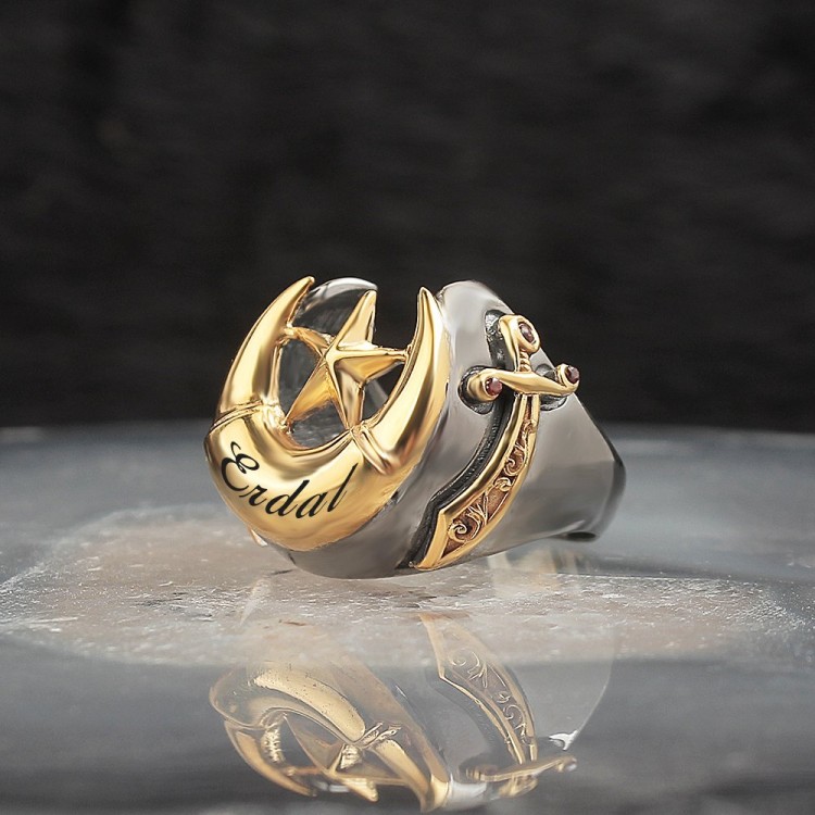 İsim Yazılı Ayyıldızlı Rodaj Kaplamalı 925 Ayar Gümüş Erkek Yüzük