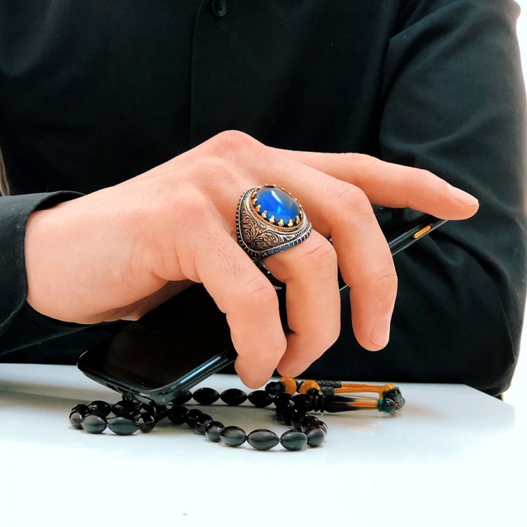 925 Sterling Silver Men's Ring with Hand Engraved  and Blue Zircon Stone