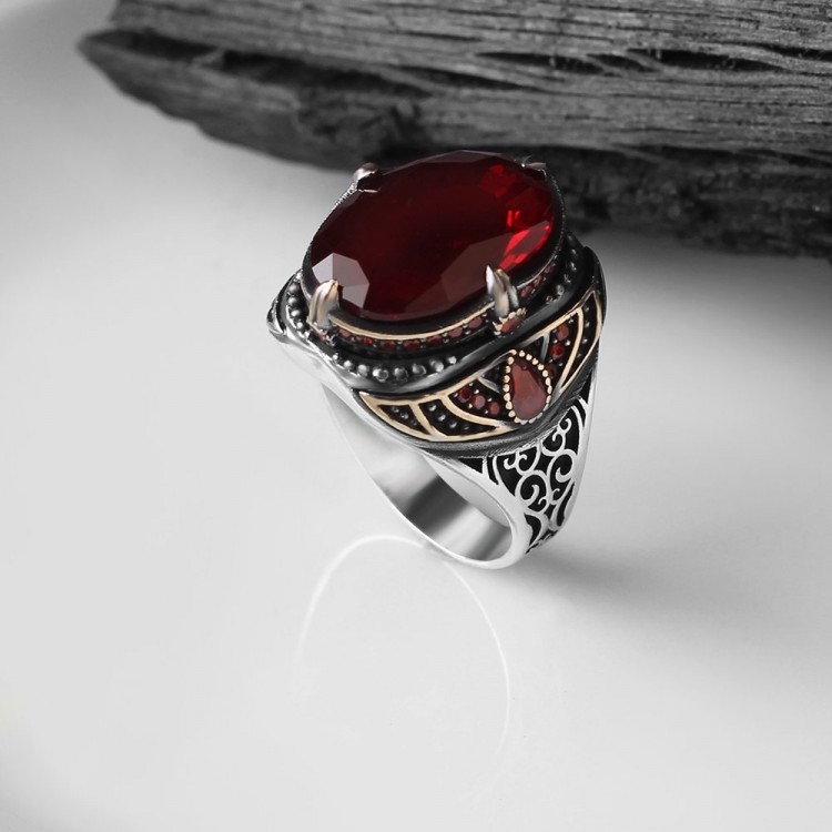 Kırmızı Zirkon Taşlı 925 Ayar Erkek Gümüş Yüzük