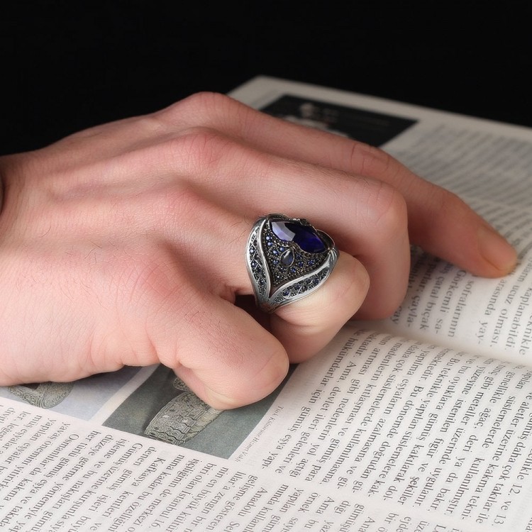 Markiz Kesim Zirkon Taşlı 925 Ayar Erkek Gümüş Yüzük